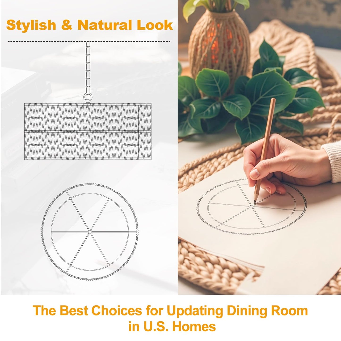 Farmhouse Chandelier Light Fixture, 5-Light Rattan Boho Chandeliers for Dining Room, Hand Woven Pendant Light with Linen Shade, Rustic Hanging Lighting for Kitchen Island, Bedroom (Bulb Not Included)