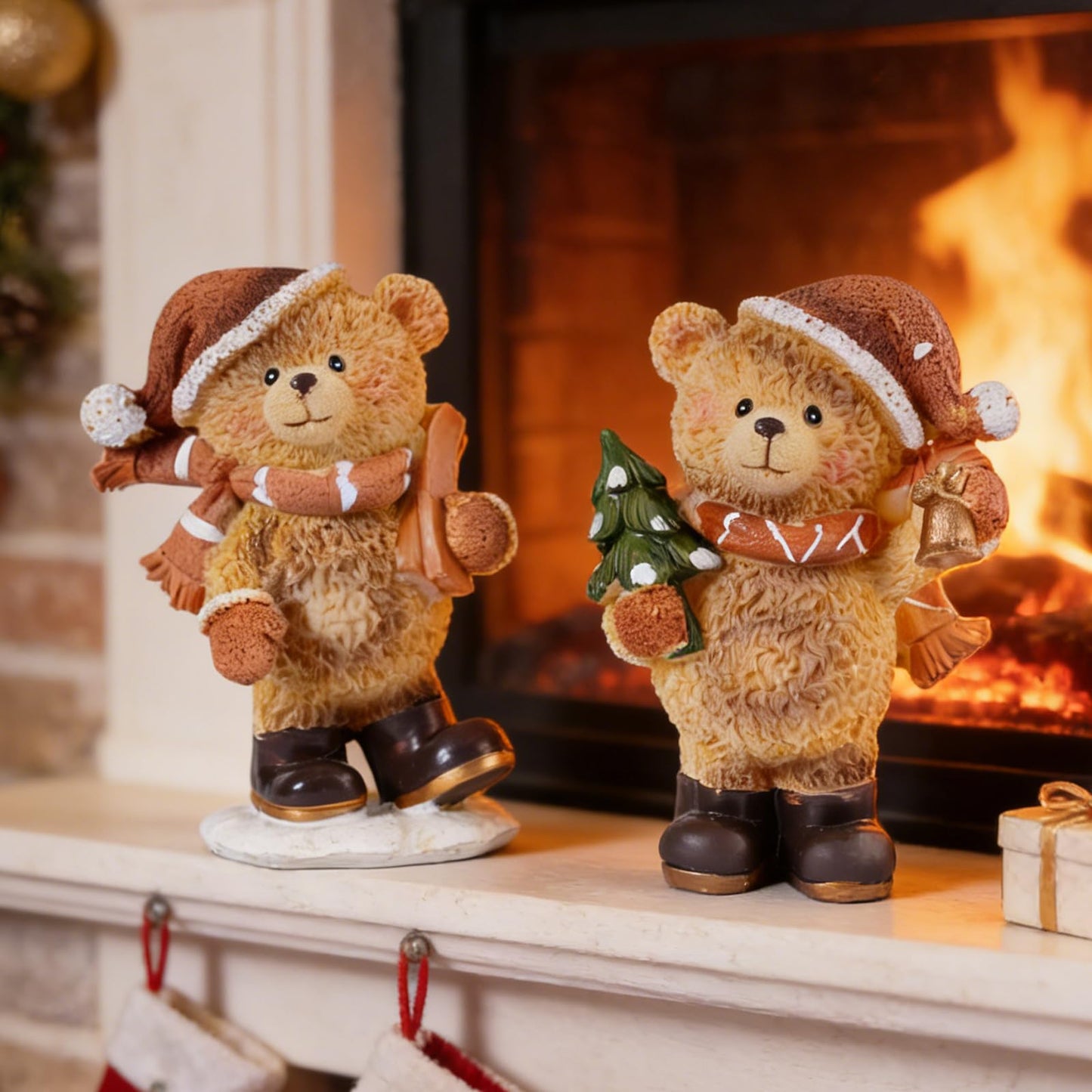Brizoria Set of 2 Small Teddy Bear Figurines Resin Christmas Bear Decor Winter Tabletop Statue Cute Animal Teddy Bear Decorations for Home Mantel Shelf Living Room Little Bears Ornament