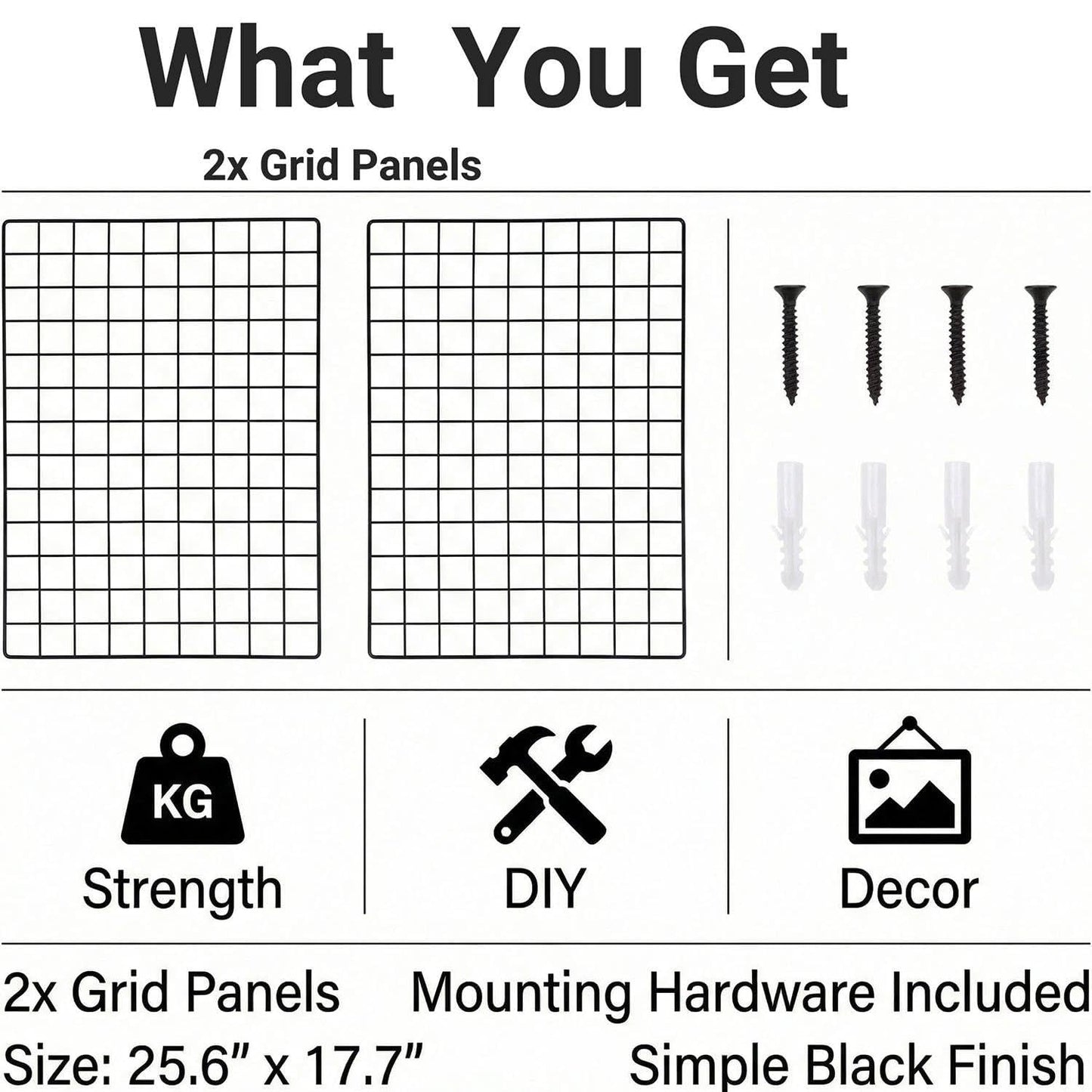 Kaforise Wire Wall Grid Panel, Multifunction Painted Photo Hanging Display and Wall Storage Organizer, Pack of 2, Size 25.6x17.7inch, Black