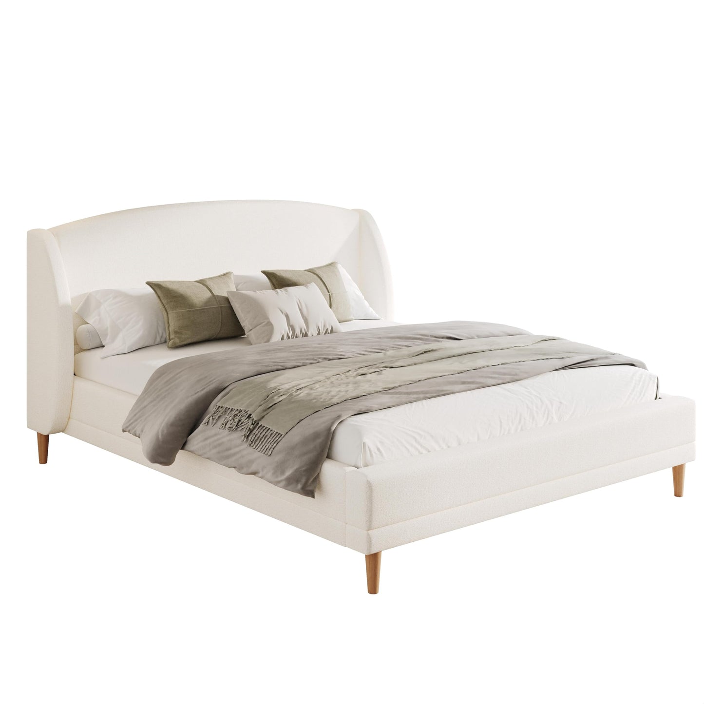 King Size Upholstered Platform Bed Frame with Boucle Fabric Wingback Headboard Solid Wood Legs No Box Spring Modern Bed Frame, White