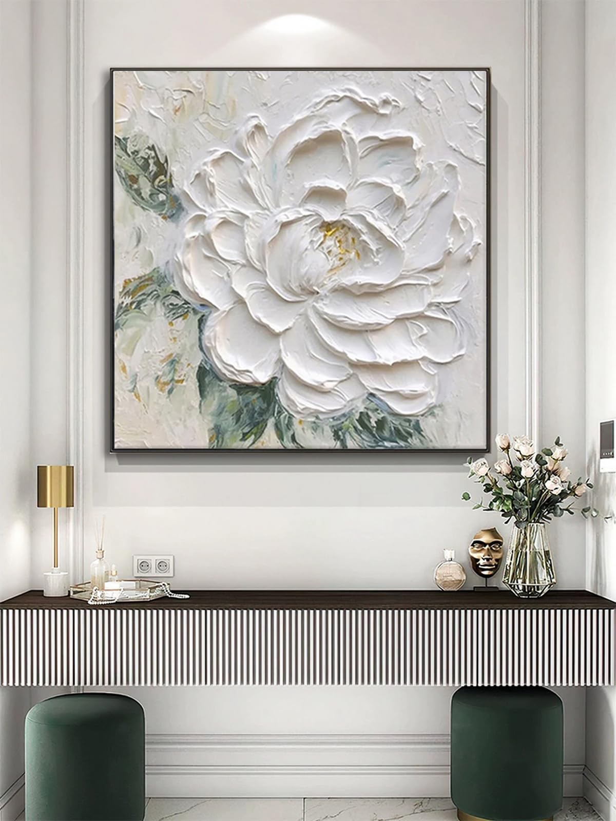 Hand Painted White Flower Oil Painting for Kitchen, Large 3D Floral Canvas Wall Art for Living Room, Framd Modern Wall Decor for Bedroom,Office Home Decor 32" x 32"