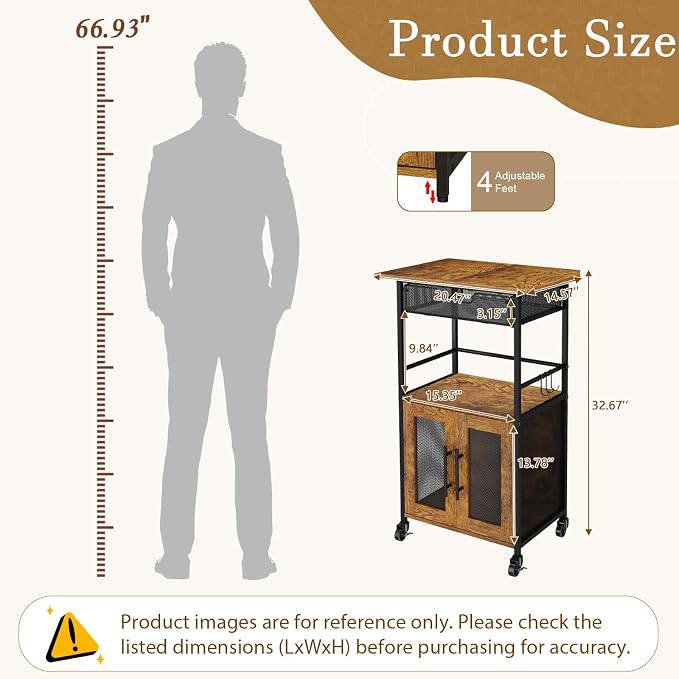 3 Tier Slim Rolling Coffee Cart with 2-Door & Pull-Out Wire Basket Drawer, Coffee Bar Cabinet on Lockable Casters, 32.7" H Microwave Cart with Storage for Home, Kitchen, Dining Room (Rustic Brown)
