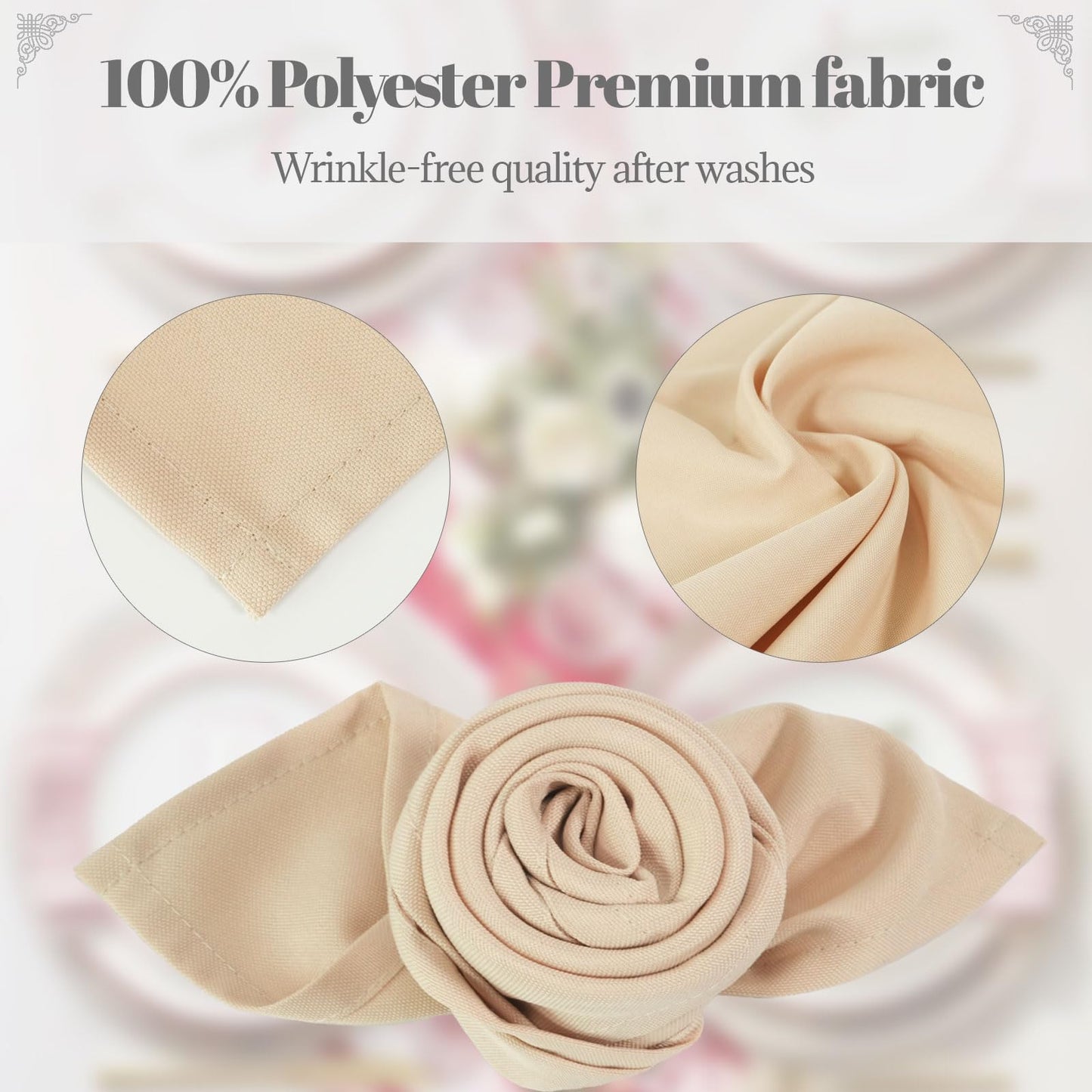 PLOYMONO Beige Heavy Duty Polyester Napkins - 17 x 17 Inch Solid Washable Cloth Dinner Napkins - Set of 8 Napkins with Hemmed Edges - Great for Weddings, Parties, Banquets Dinner & More