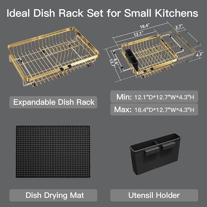MAJALiS Gold Dish Drying Rack Over The Sink with Utensil Holder, Mat | Expandable Stainless Steel Dish Drainer for Small Kitchen, Apartment, RV, Counter Space Saving, Perfect Fit, Rustproof