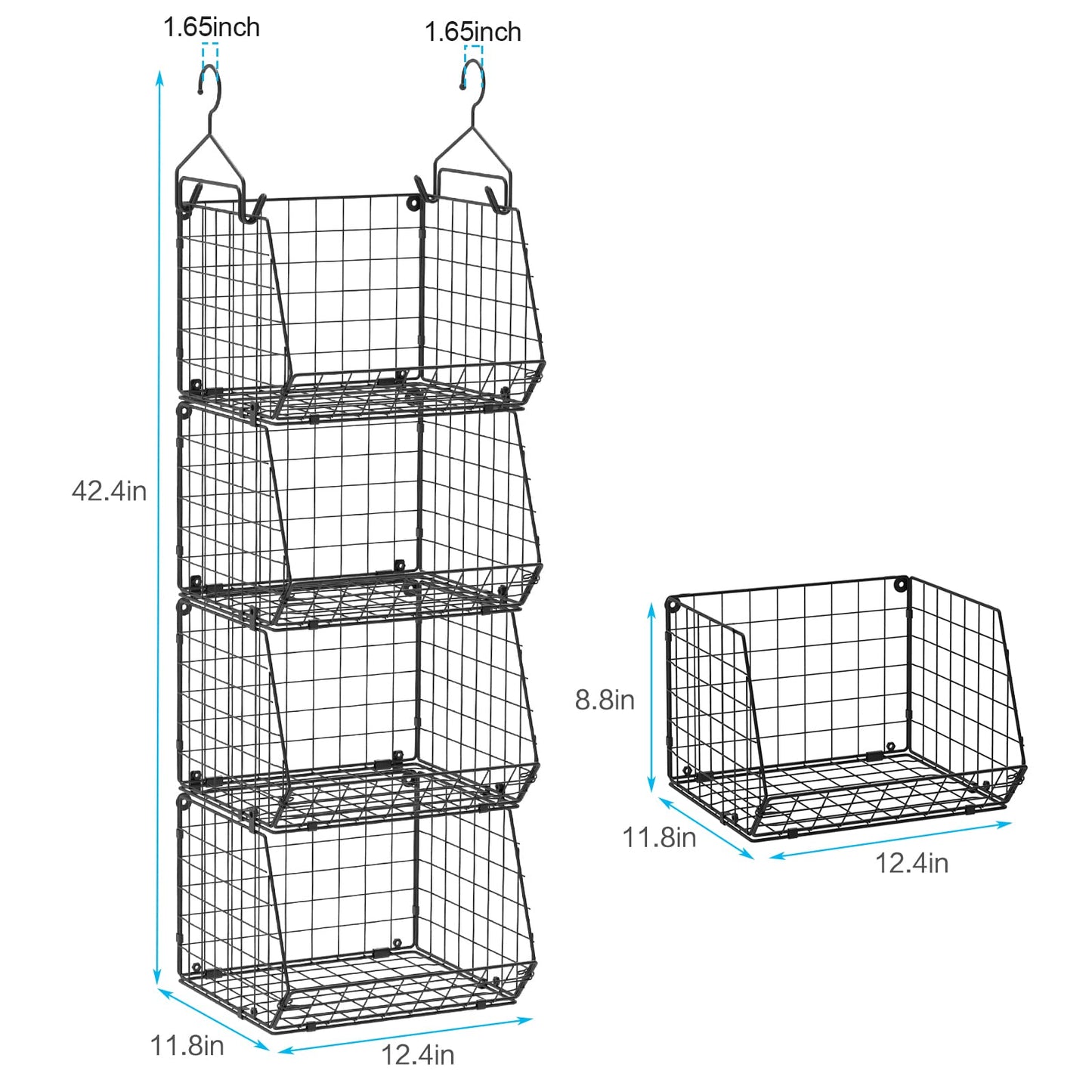 4 Tier Closet Hanging Organizer, Closet Organizers and Storage with 5 S Hooks, Closet Hanging Shelves & Freestanding Wire Storage Basket Bins, for Clothing Shoes Handbags Clutches Accessories Patent