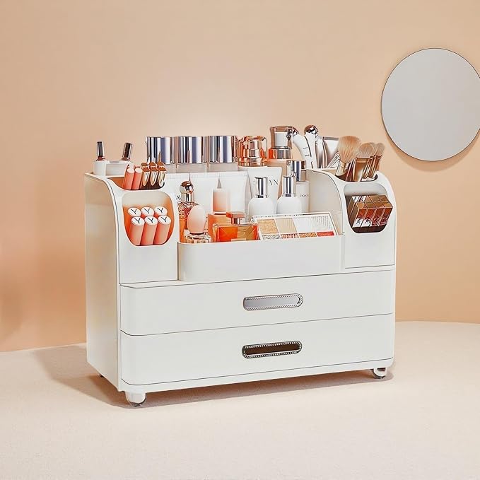 Makeup Organizer with Drawers for Vanity,Bathroom Countertop Organizer with Brushes Holder,Skincare Storage Organizer,Perfect Cosmetic Display Case for Skincare,Lipstick and Beauty Essential