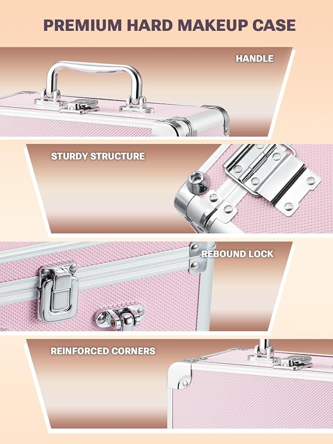 Qislee Makeup Box with A Detachable Lighted Mirror, Waterproof Travel Train Case, Cosmetic Organizer and Makeup Suitcase with Adjustable Dividers, Magnetic LED Mirror(Icy Pink)