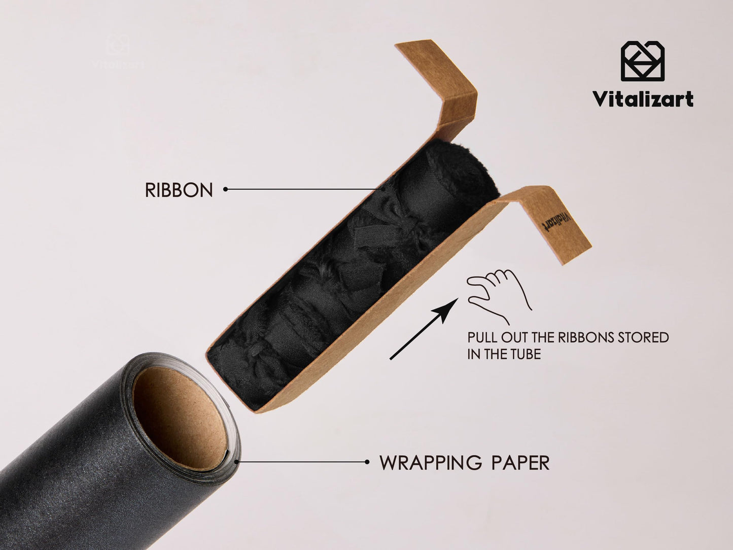 Vitalizart Black Wrapping Paper Set 17" Pearly-Lustre With Silk Like Satin Ribbon & Gift Tags Recyclable Christmas Gift Wrapping Birthday Baby Shower Wedding Handmade Crafts 197"(16.4 Ft)