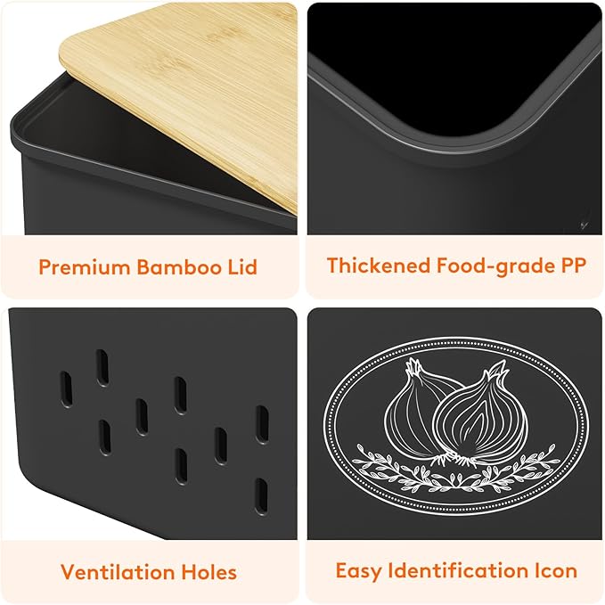 Lifewit Plastic Potato and Onion Storage Bin, Stackable Garlic Keeper with Aerating Holes and Lid, Vegetable Container Box for Pantry Countertop, Black, 24 x 18 x 24 cm/9.5 x 7 x 9.5 inch, Set of 3