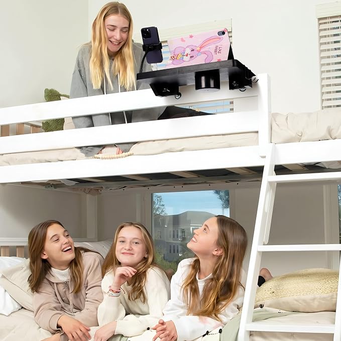 Bedside Shelf for Dorm Bed & Top Bunk, Bamboo Bed Side Table Tray with Cup Phone Holder & Hooks, Bedside Caddy, Clip on Nightstand Bedside Storage College Dorm Room Essentials (Black)