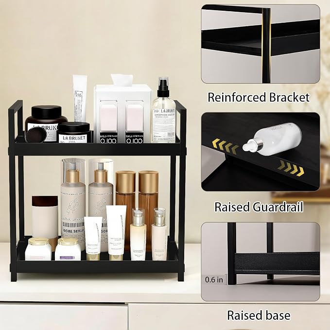 Bathroom Counter Organizer 2 Tier Vanity Storage Countertop Shelf Makeup Organizer Perfume Tray Skincare Holder for Sink, Dresser, Kitchen, Large Black