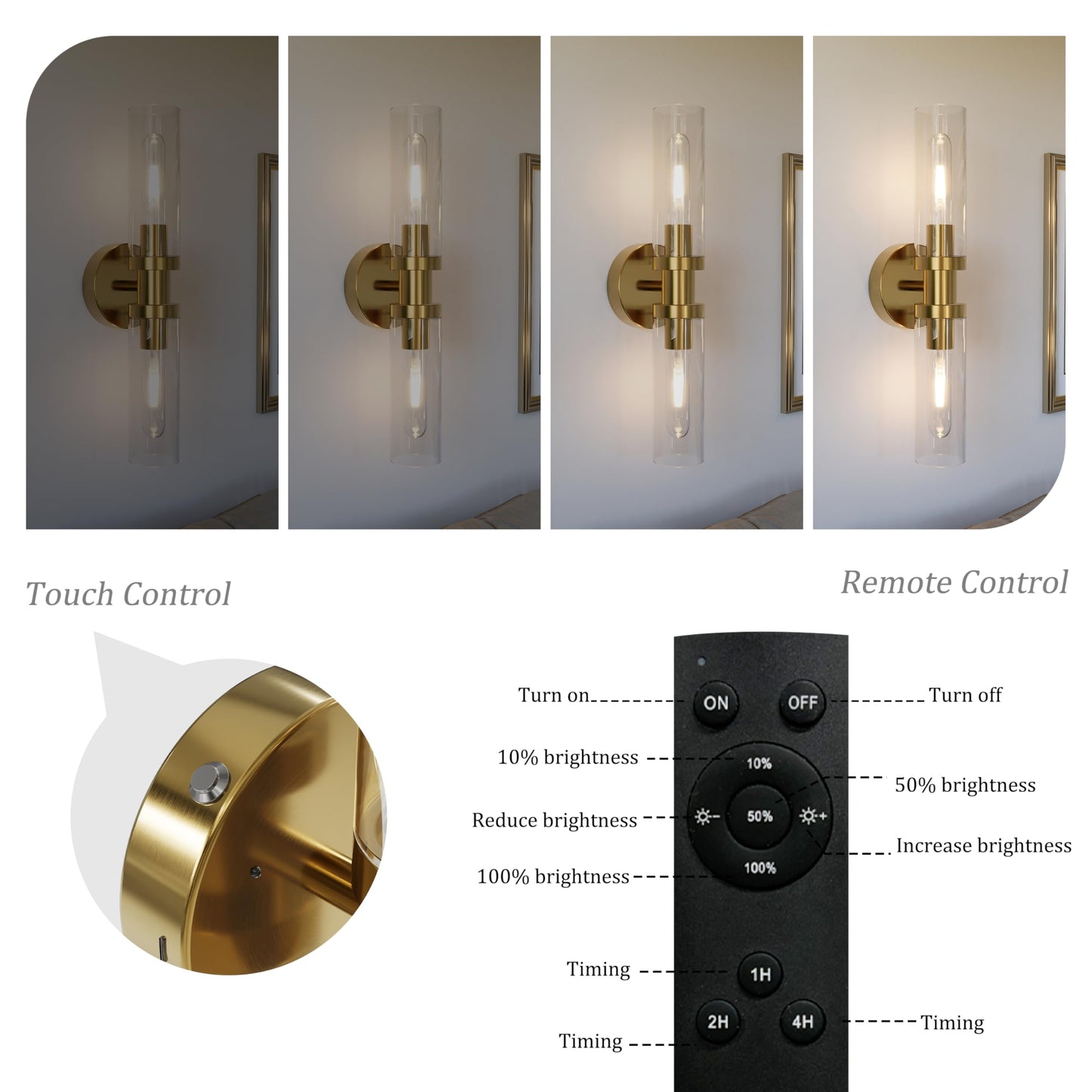 Rayogale Battery Operated Wall Sconces Set of 2, Rechargeable Wireless Wall Lights Remote Control, 10000mAh Not Hardwired Timer Dimmable Wall Lamps for Living Room Bedroom Entryway Gold 16.5 Inch