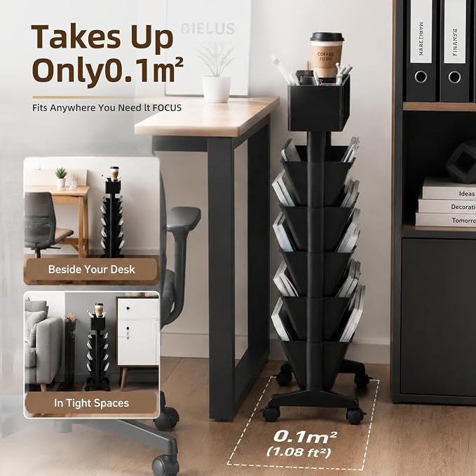 5 Tier Rolling Utility Cart Multi-Functional Movable Storage Book Shelves with Lockable Casters for Study Office Kitchen Classroom, White (Black, with Wheel)