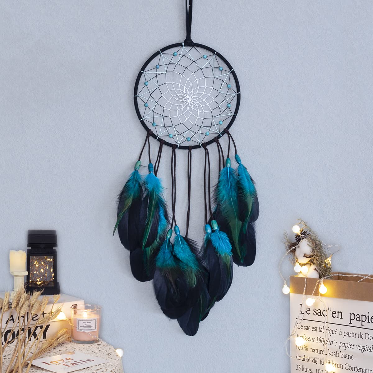 Blue Dream Catchers Handmade, Boho Traditional Circular Net for Wall Hanging Decor, Bedroom Kids, Home Decoration, Art Ornament Craft Gift