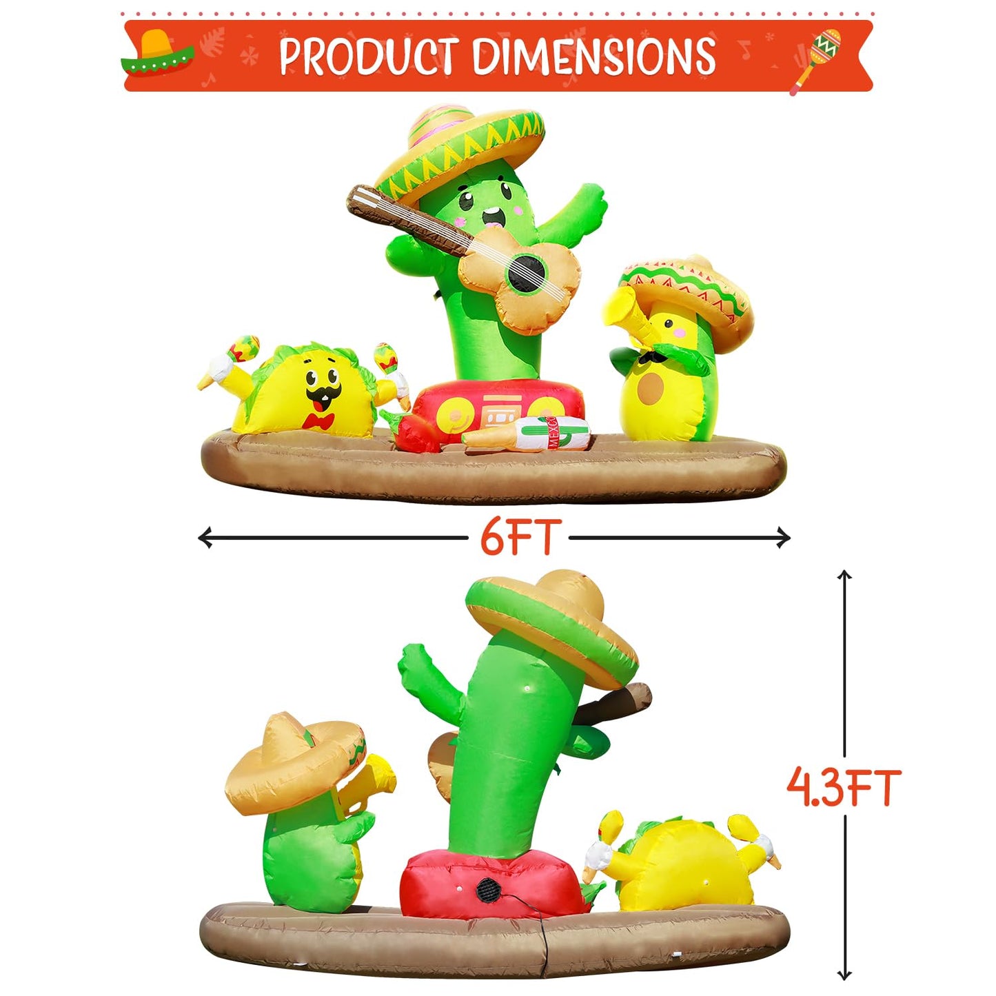 DomKom 6FT Cinco De Mayo Inflatables Fiesta Party, Blow up Outdoor Decorations Cactus Avocado Taco Mexican Party May 5 Sombreros Built-in LEDs Light Fiesta Maracas for Garden Lawn Yard