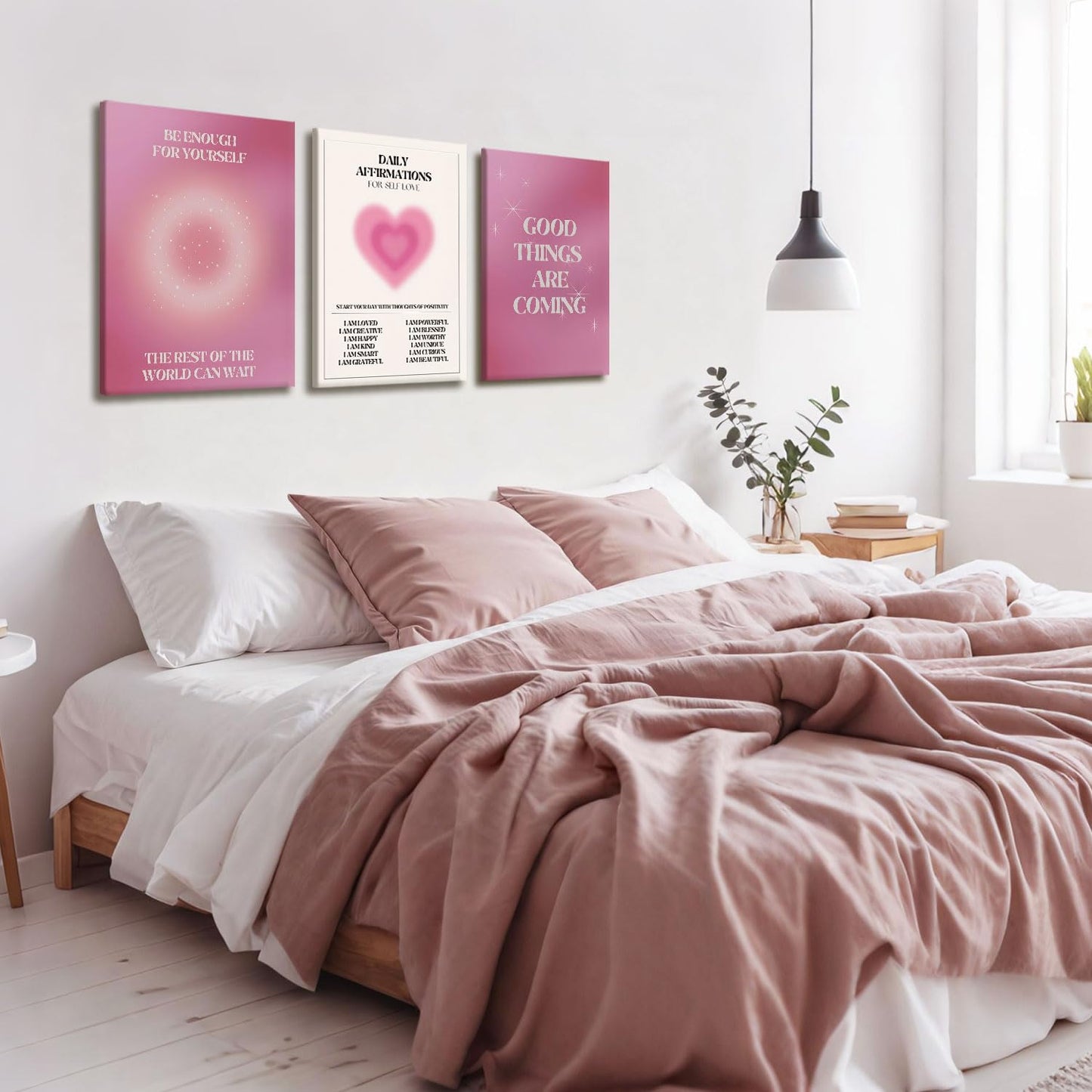 NCCXNCC 3-Pcs Pink Angel Digital Canvas Wall Art Daily Affirmations Wall Decor Painting Gradient Halo Artwork Aesthetic Poster Print Suitable for Apartments, Dormitories, Girls' Bedrooms 12x16 inch