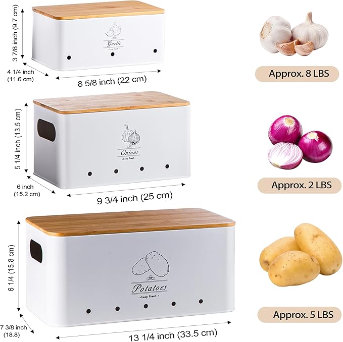 Metal Potato Onion and Garlic Storage Tin Set of 3, White Kitchen Vegetable Canisters with Bamboo Lid and Aerating Holes, Stackable Kitchen Keeper Storage for Countertop Pantry