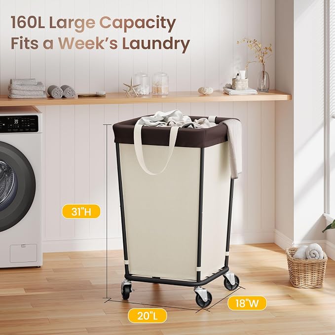 160L Laundry Basket with Wheels, 2-section Rolling Laundry Basket, Large Laundry Hamper with Wheels, Rolling Laundry Hamper Clothes Hamper for Home, Bathrooms and Dorm(Beige)