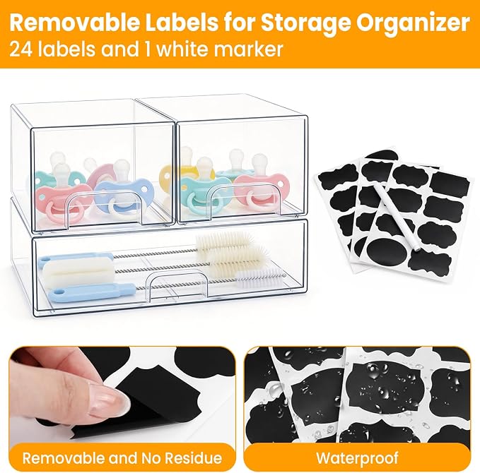 Bottle Storage Organizer Baby, Clear Stackable Storage Drawers Set for Baby Bottle, Beauty Supplies Storage, Ideal for Countertop, Vanity, Bathroom, Cabinet, Pantry Organization (7.8"H, 3 Pack)