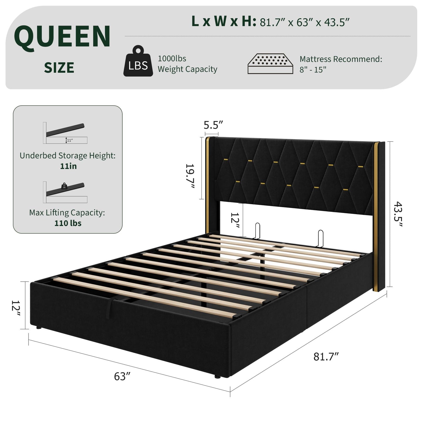 Garvee Queen Size Lift Up Storage Bed Frame with with Gold Wingback Headboard, Velvet Upholstered Bed Frame with Diamond Tufted Design & Gold Trim, Hydraulic Support, No Box Spring Needed, Black