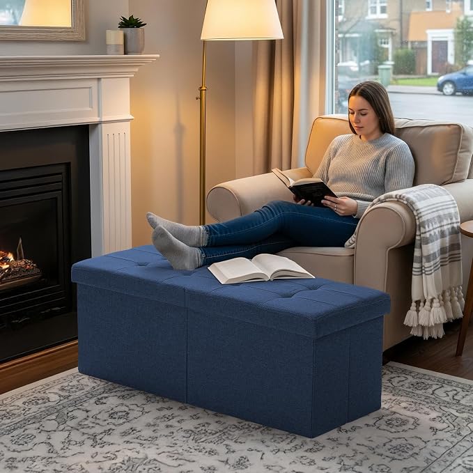 35-INCH Storage Ottoman Bench, Footrest with Storage, End of Bed Bench Coffee Table for Living Room, Bedroom, Entryway, Blue