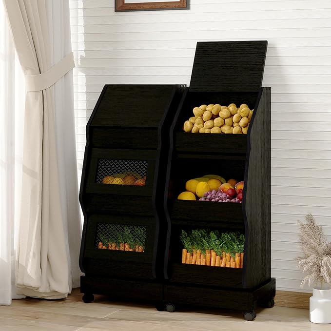 ARTETHYS Potato and Onion Storage Bin with Wheels Black Movable Bread Box with Lid Onion Organizer with Grocery Section Decorative Vegetable Organization Cabinet for Kitchen