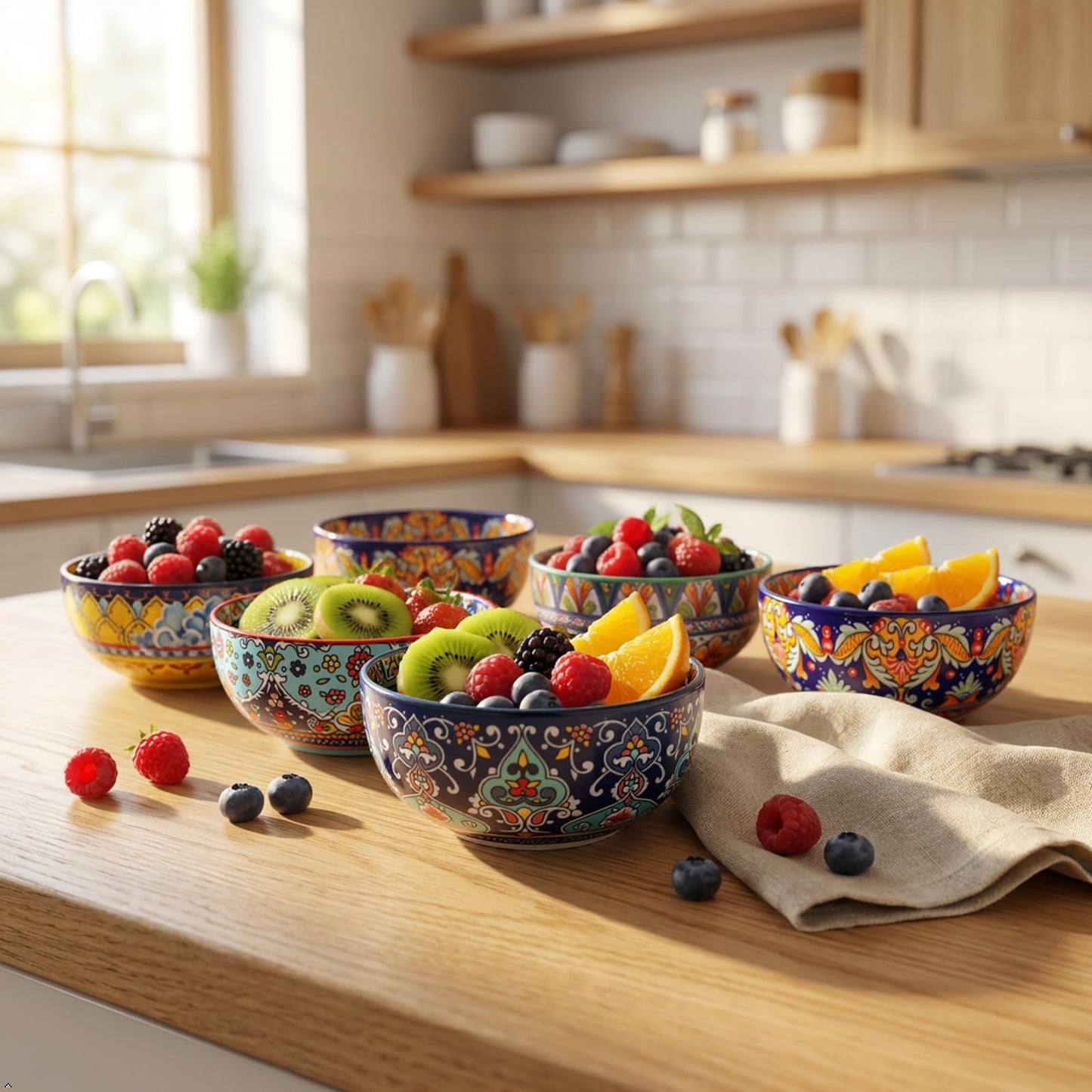 glowworm Cereal Bowls, 26 Oz Ceramic Soup Bowl Set of 6, Colorful Bowl for Kitchen Cooking, Ideal for Rice Oatmeal Fruit Ice Cream Dessert, Dishwasher & Microwave Safe, Bohemian