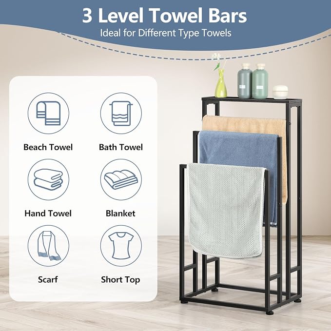 Freestanding Towel Rack for Bathroom 3 Tier Metal Floor Towel Stand Industrial Blanket Ladder Holder with Storage Shelf for Bedroom Living Room, Black