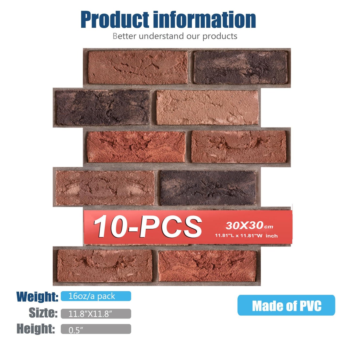 szgwtk 3D Wall Panels Peel and Stick,Faux Brick,Waterproof Self Adhesive Decorative Wall Panelsfor Interior Wall Decor,Living Room,TV Background,Study Room,Fireplace,Bedroom 10 Pcs 30x30cm