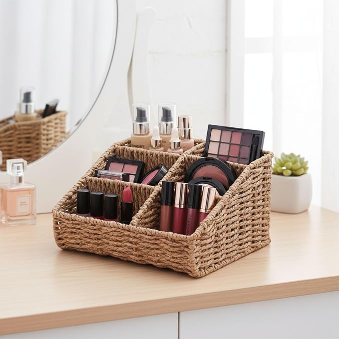 Makeup Organizer, Hand-woven Wicker Basket for Dresser Vanity and Bathroom Countertop, 6 Compartment Skincare Organizer Cosmetic Display Case, Beauty Holder for Lipstick Brush Eyeshadow Palette