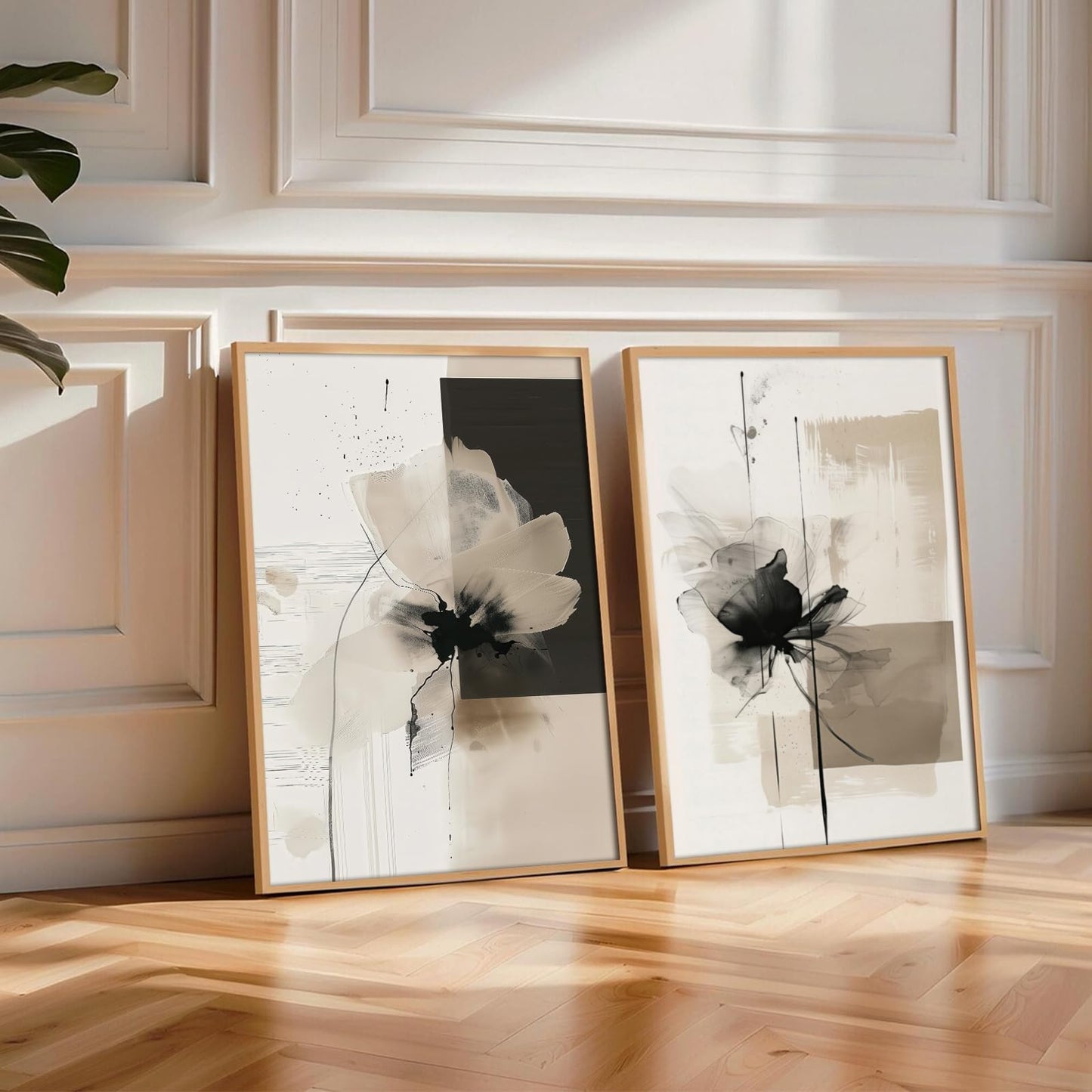 Tocliky Modern Abstract Floral Wall Art Minimalist Neutral Canvas Painting Decor Beige Cream And Black Wall Art Contemporary Flower Picture Prints for Living Room Bedroom 12x16 Inch Unframed Set of 2