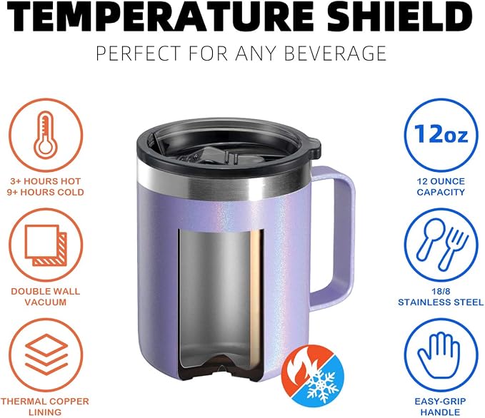 12oz Stainless Steel Insulated Coffee Mug with Handle, Double Wall Vacuum Travel Mug, Tumbler Cup with Sliding Lid, GLITTER LAVENDER