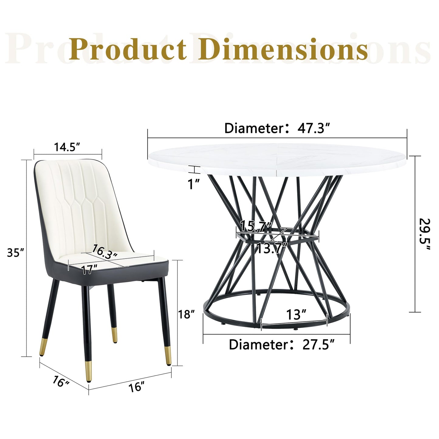 KEIKI Round Dining Table Set for 4, 47.3" White Faux Marble Kitchen Table with Black Metal Base & 4 White Gray PU Leather Chairs, Modern Industrial Dining Room Set with Gold Accent for Apartment