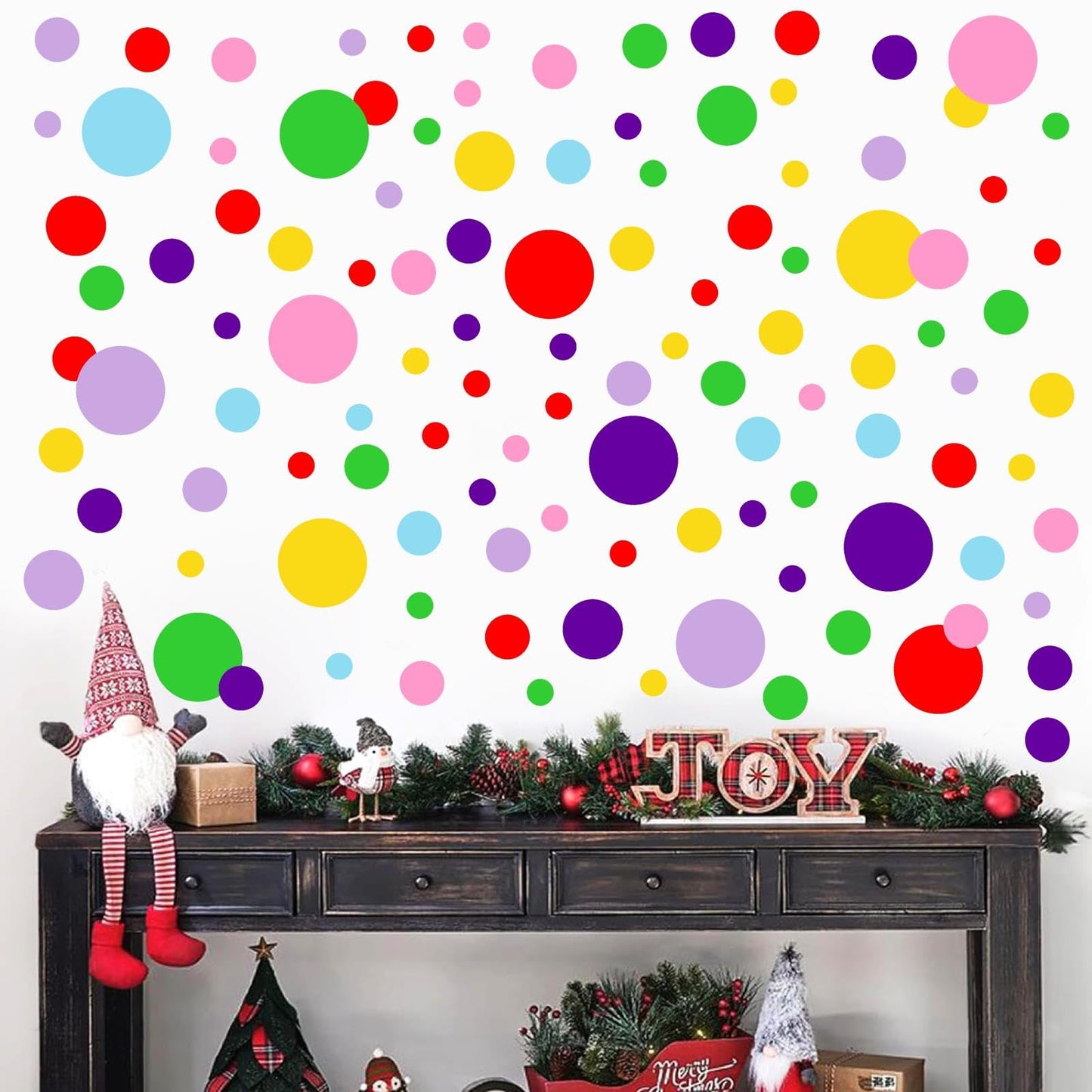 Polka Dots Wall Decal Christmas Wall Decals Lime Green Red Vinyl Stickers Dots Decals Living Room Art Murals Xmas Home Decoration Indoor Rainbow Christmas Circle Stickers Peel and Stick Decal