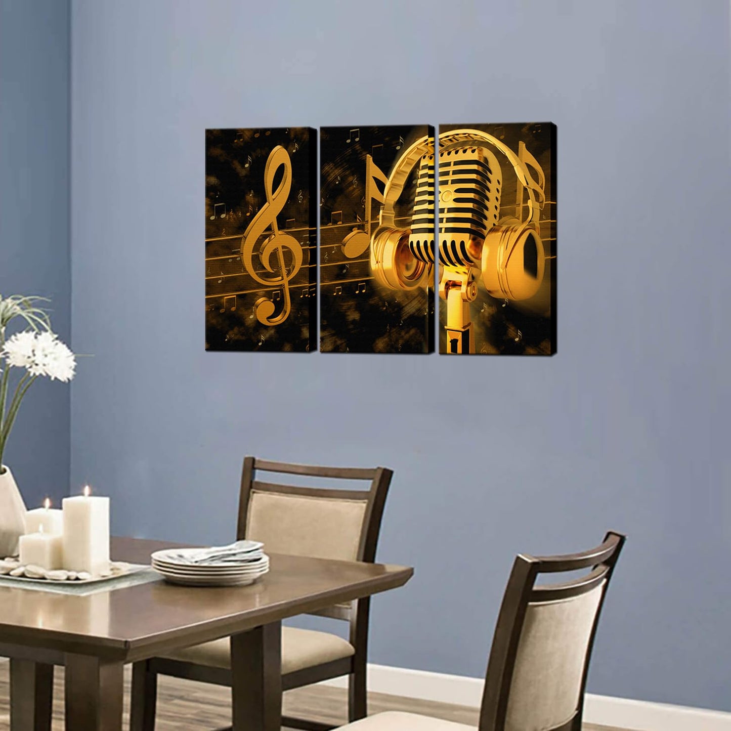 Biuteawal - Music Artistic Paintings Wall Art Gold Metal Microphone and Headset Note Picture Canvas Giclee Print Modern Home Studio Decor Stretched and Framed Ready to Hang