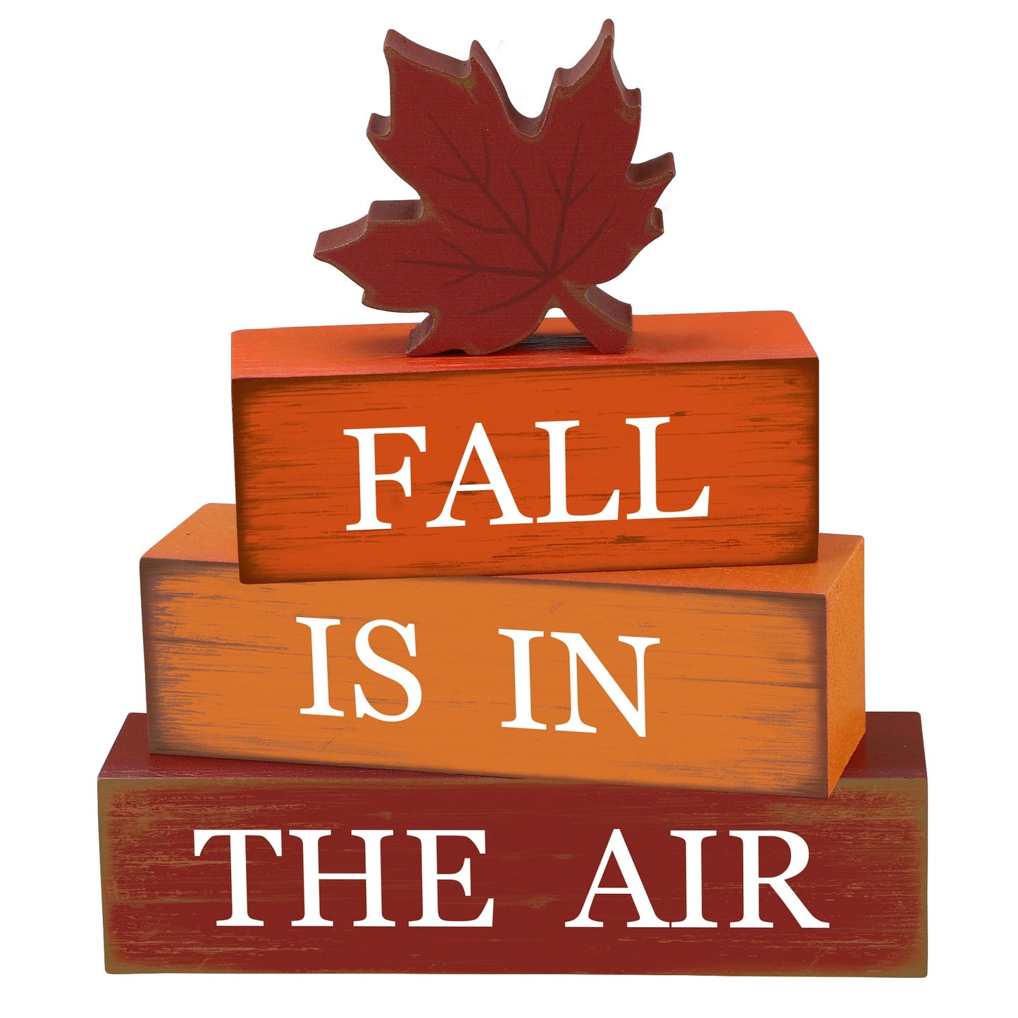 4 PCS Fall Maple Leaf Wooden Table Block Sign Thanksgiving Wood Tiered Tray Decor Fall is in the Air Block Centerpiece Rustic Farmhouse Table Decorations for Autumn Thanksgiving Home Desk Shelf Decor