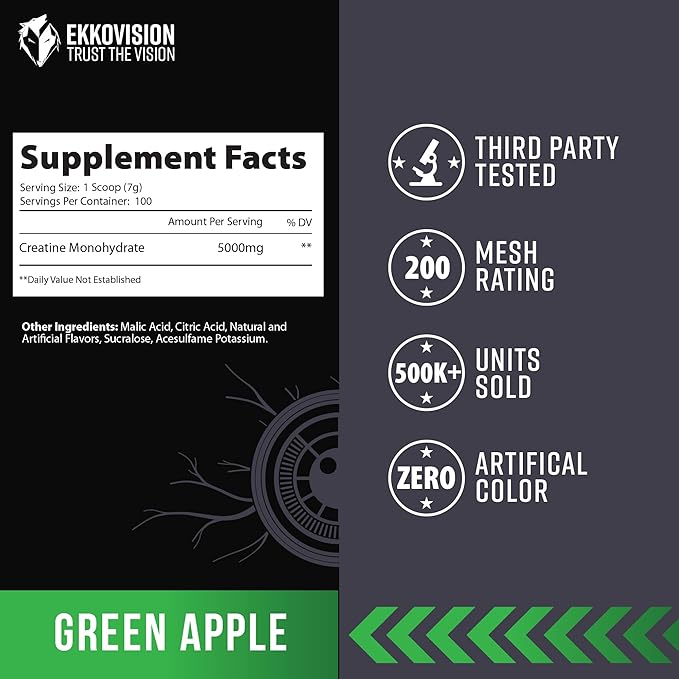 Ekkovision Creatine Monohydrate Powder, Micronized, Green Apple, Pre Workout & Post Workout Supplement for Men and Women, Energy Support, Easy to Mix in Shakes, Smoothies & Beverages, 100 Servings