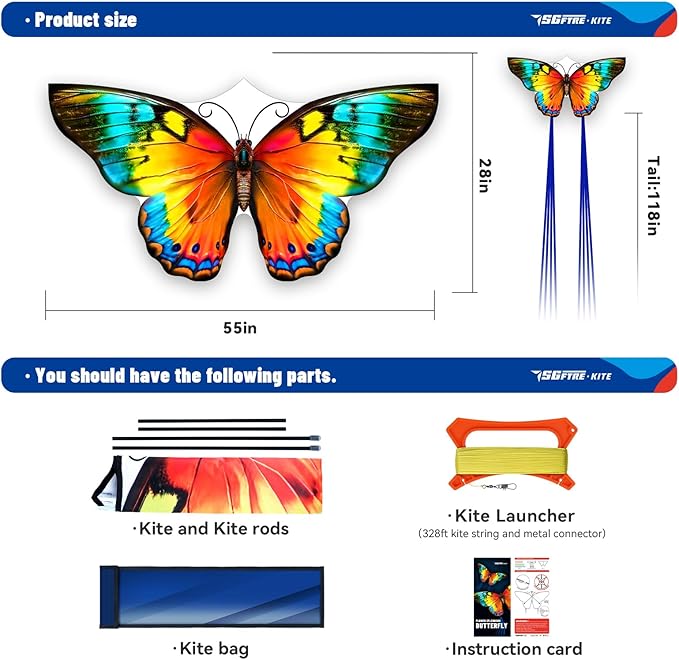 Butterfly Kites for Kids and Adults,Extremely Easy to Fly for Beginners,Single Line String with Tail for Beach Flying Kites for Outdoor Trip Park Family Game(Flower Splendour Butterfly)