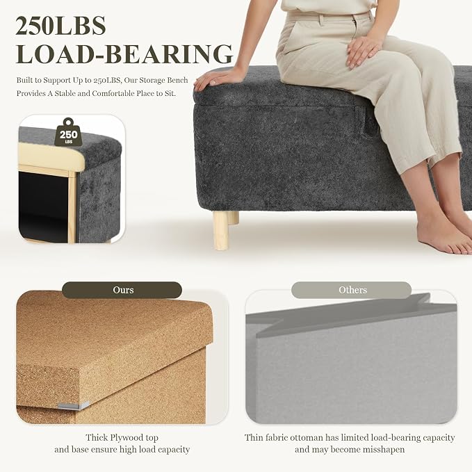 COLAMY Ottoman with Storage, Storage Ottoman Bench, End of Bed Storage Bench, Square Ottoman Foot Rest, Entryway Bench with Seating and Wood Legs for Living Room, Bedroom, Dark Grey