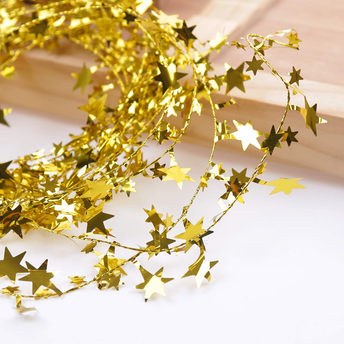 75 Feet Star Tinsel Garlands with Wire, Christmas Star Wire Garland Decorations for Xmas Tree Home Wedding Birtahday Party Festive Ornament, Golden, 3 Pack