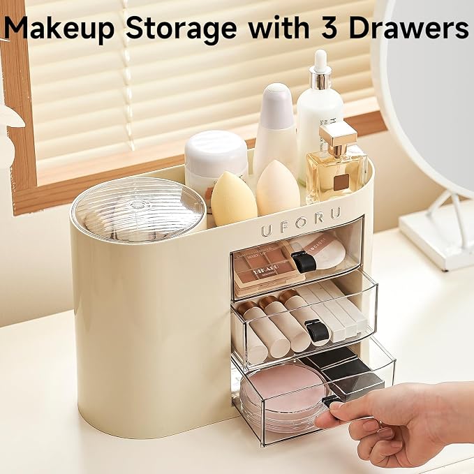 UFORU Makeup Organizer with Pop-Up Brush Holder for Dresser Vanity, Plastic Bathroom Counter Organizer with 3 Drawers & Dust-Proof Cover, Cosmetic Display Case for Lipstick, Skincare, Cream White