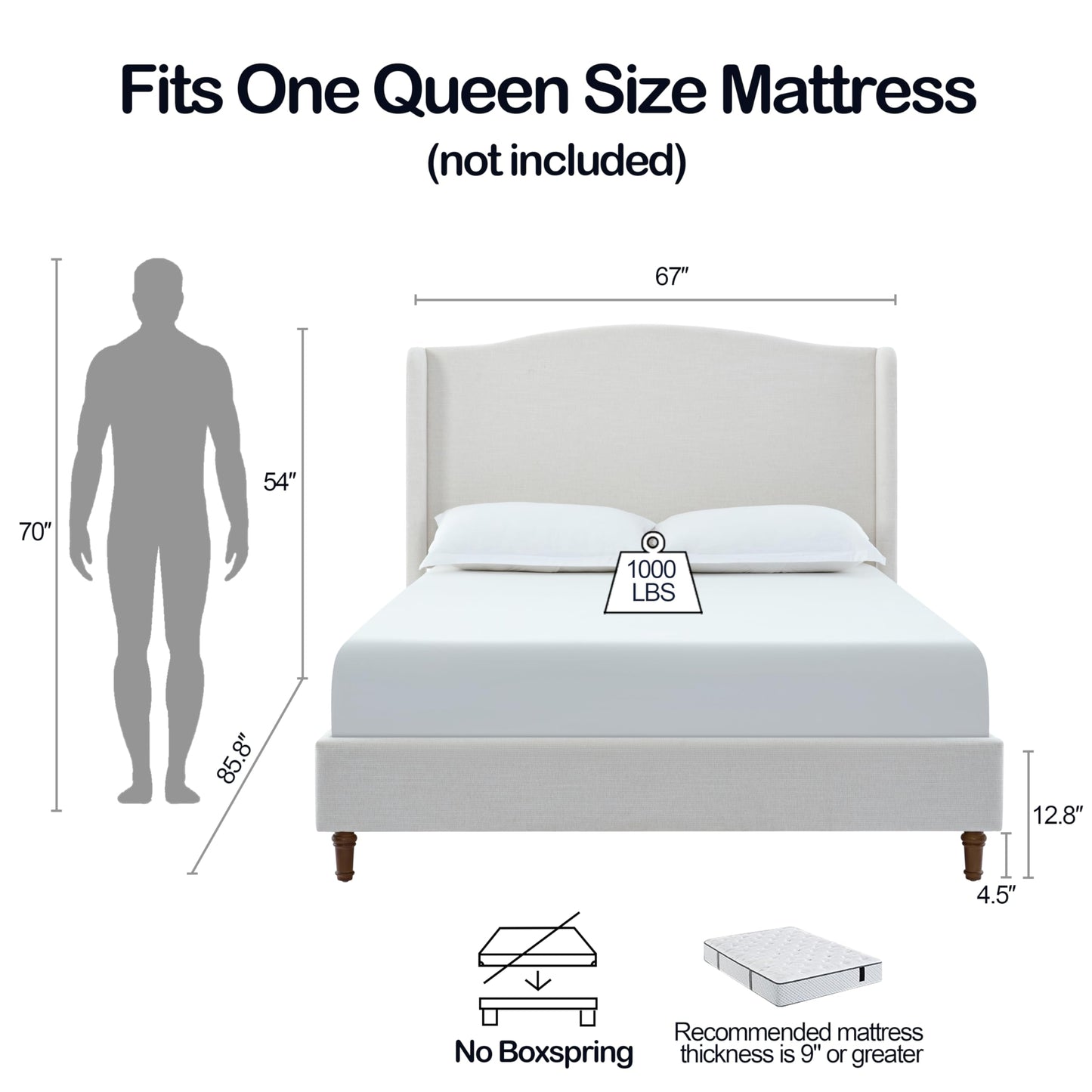 GDFStudio Tall Headboard Upholstered Bed,Queen Size Platform Bed Frame with Headboard Wingback,54" High No Box Spring Needed Easy Assembly Minimalist Designs Premium Textured Canvas Chenille