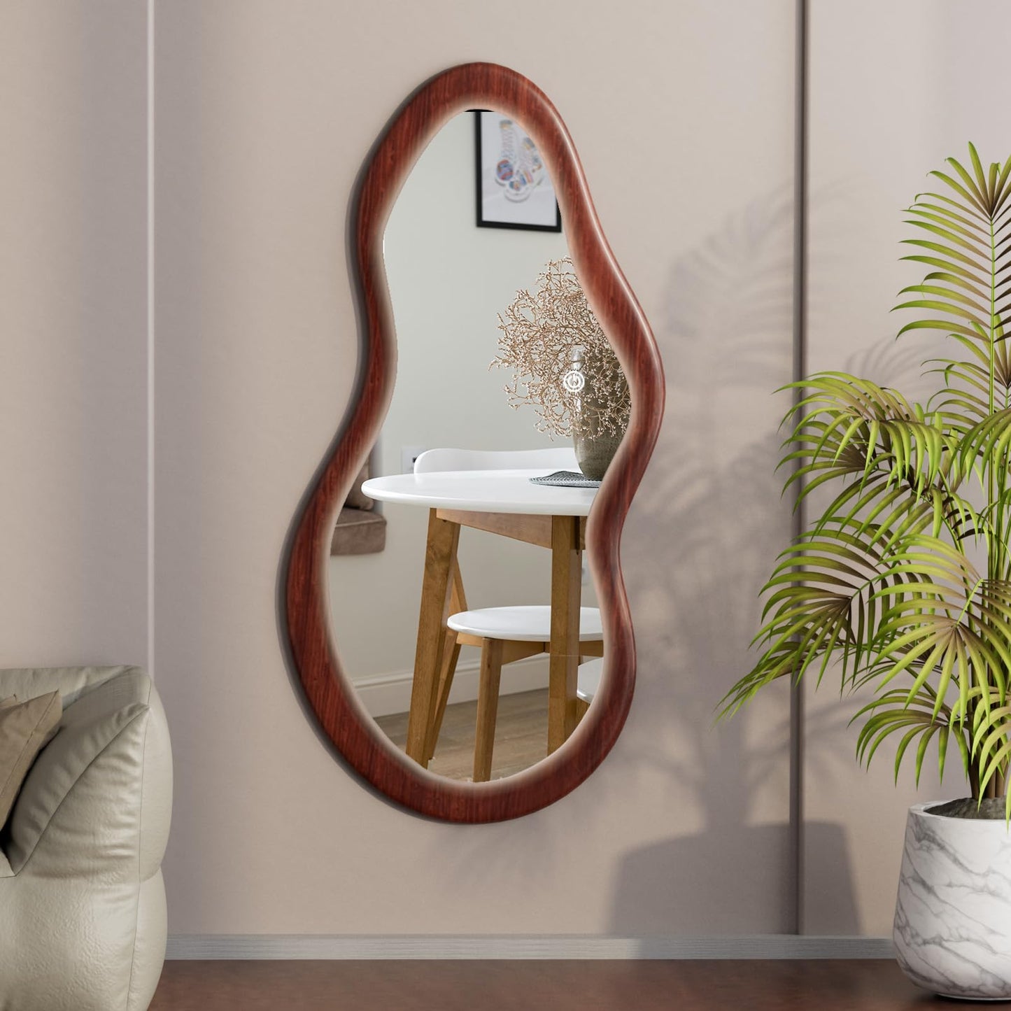 osemy 48"x 24" LED Wood Full Length Mirror with Lights Irregular Wavy Full Body Mirror Shatter-Proof Hanging/Leaning Wall Mounted Walnut Wooden Framed for Dressing Bedroom Living Room