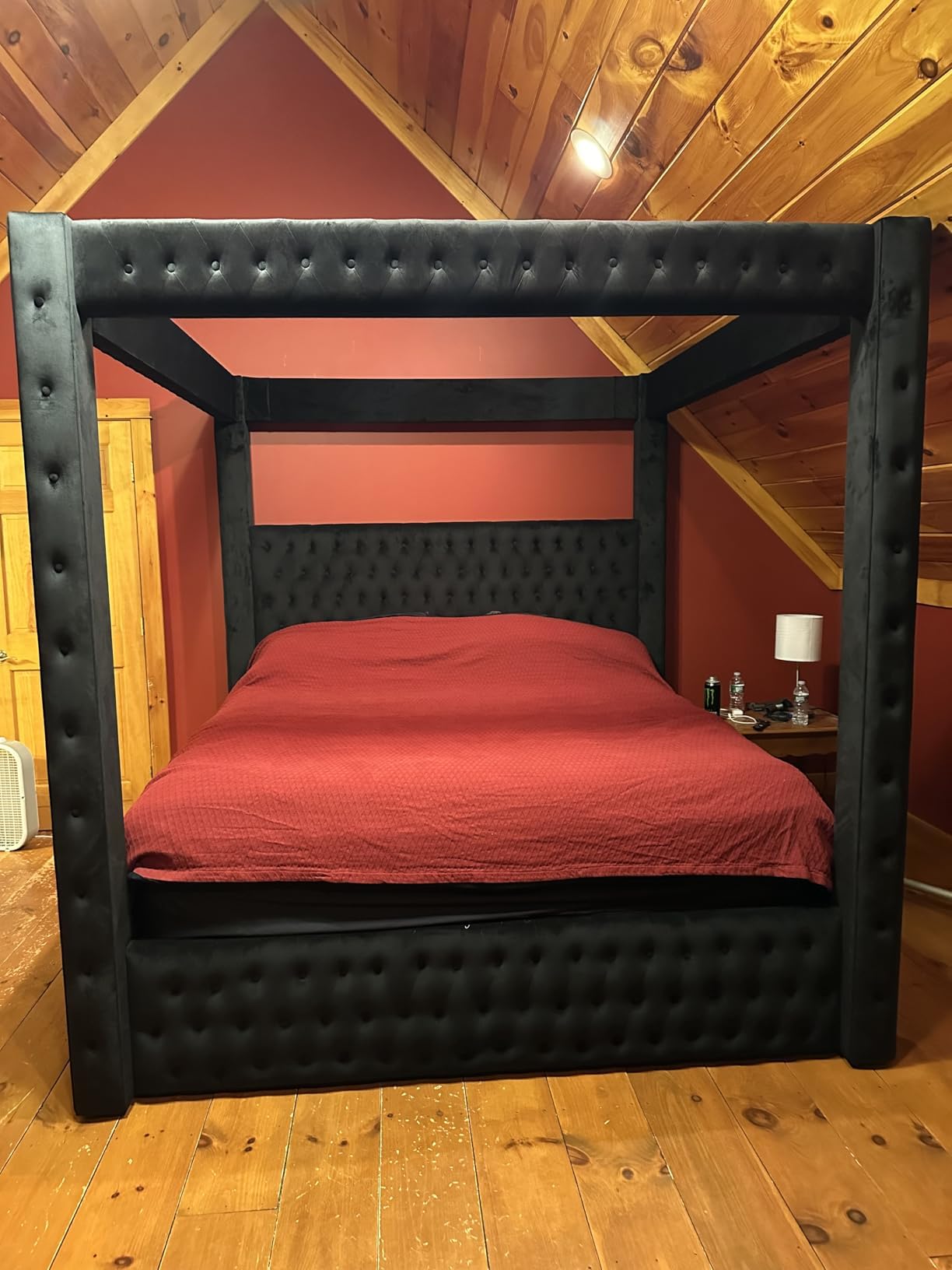 Wirktive Velvet Canopy Bed Frame King - Upholstered Four Poster Bed Frame with Tufted Headboard and Footboard, Luxury Bed Frame with Wood Slats for Bedroom Furniture, Box Spring Required, Black