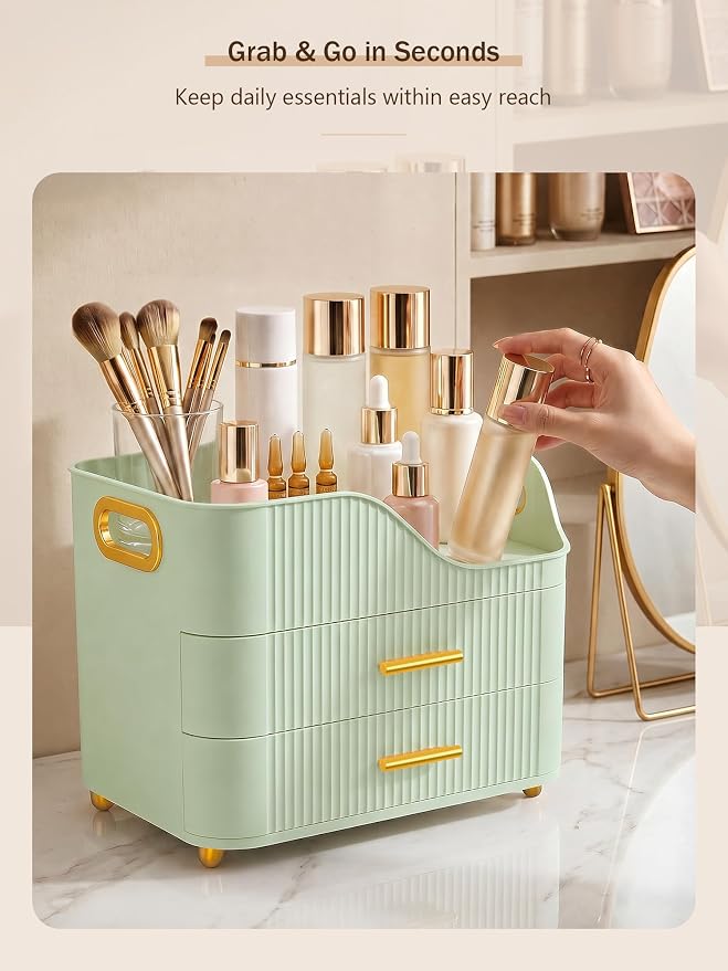 Booklov Countertop Makeup Organizer with Drawers, 3 Tier Large Cosmetic Storage Box for Vanity, Bathroom Counter, Dresser, Skincare Display Case for Lipsticks, Beauty Palettes, Teen Girl Gifts, Green