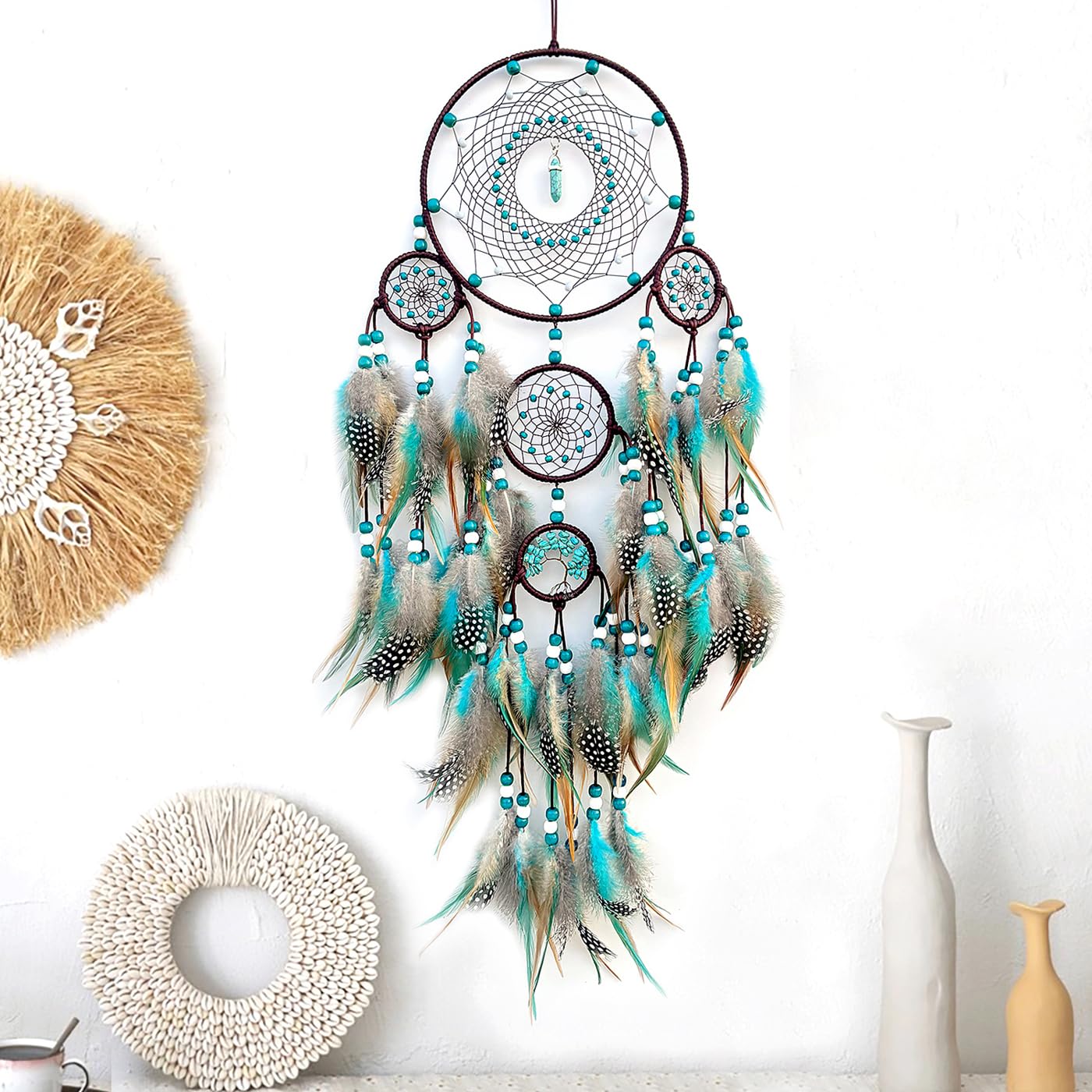 Large Dream Catchers,Boho Handmade Woven Turquoise Dream Catcher Wall Hanging Ornament for Bedroom Living Room Apartment Wedding Party Decor, Festival Blessing Gift (Turquoise)