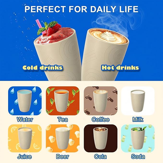 Unbreakable Wheat Straw Cups, Alternative to Plastic Cups Set 6 PCS, 16 OZ Drinking Cups Reusable, Dishwasher Safe Tumblers & Water Glasses for Kitchen RV Party Outdoor, Beige