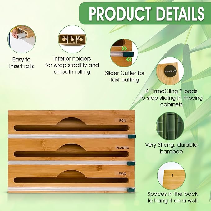 3-in-1 Bamboo Wrap Organizer with Cutters, Labels, Interior Holders, Anti-Slip Pads - Kitchen Drawer, Pantry, Storage for Plastic Wrap, Aluminum Foil, Wax Paper, Kitchen Storage, 12" Roll Holder
