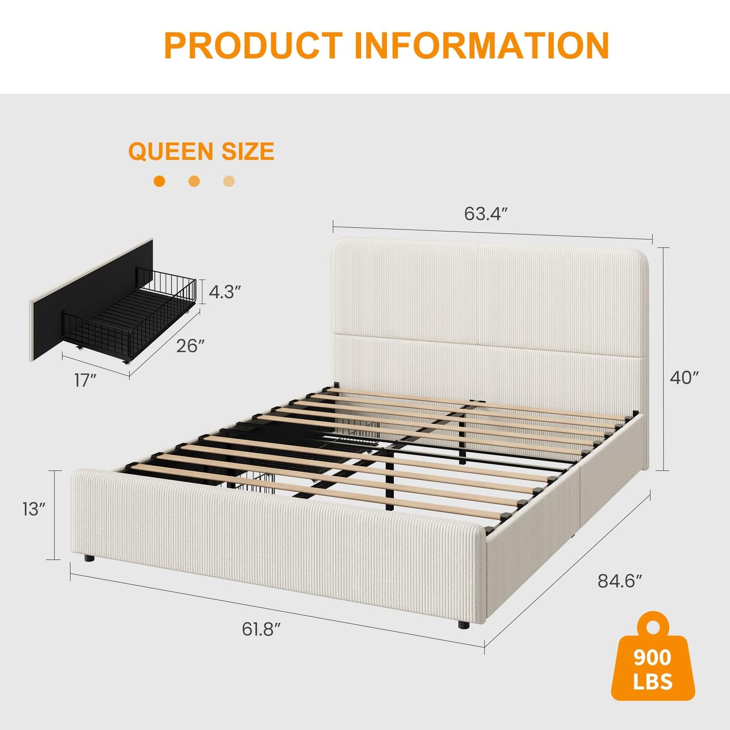 GarveeHome Modern Upholstered Platform Bed Frame with Headboard and Storage Drawers – Strong Wood Slats, Noise-Free, No Box Spring Needed, Easy Assembly – Full Size, Corduroy Neutral-White Tone