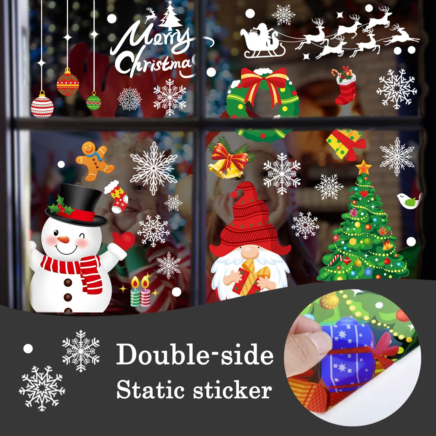 Christmas Window Clings 245pcs Christmas Decals Reusable Double Sided Printed Self Adhesive Window Decorations Santa Claus, Moose, Snowman,Socks,Dwarfs,Xmas Tree and Snowflakes Window Clings, 9 Sheet